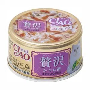 CIAO 贅沢– 木魚片、吞拿魚、雞肉帝王三文魚、吞拿魚、雞肉貓罐頭 80g [A-145]