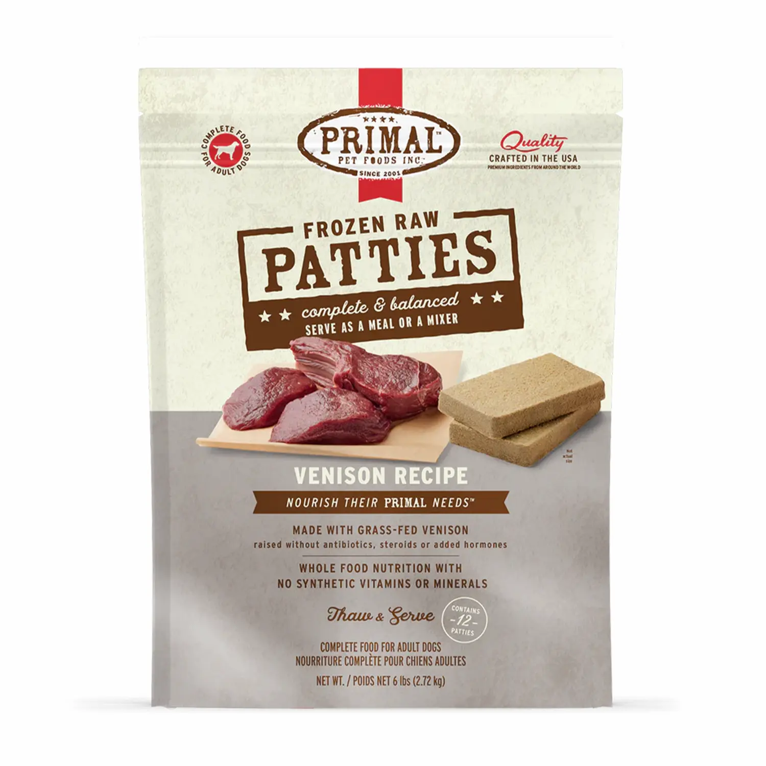24-PRIMAL-2012-FR_Patties_Dog_Venison_6lb_1166-1_Frnt Primal – Petties 急凍鮮肉餅 (草飼鹿肉配方) 6磅裝